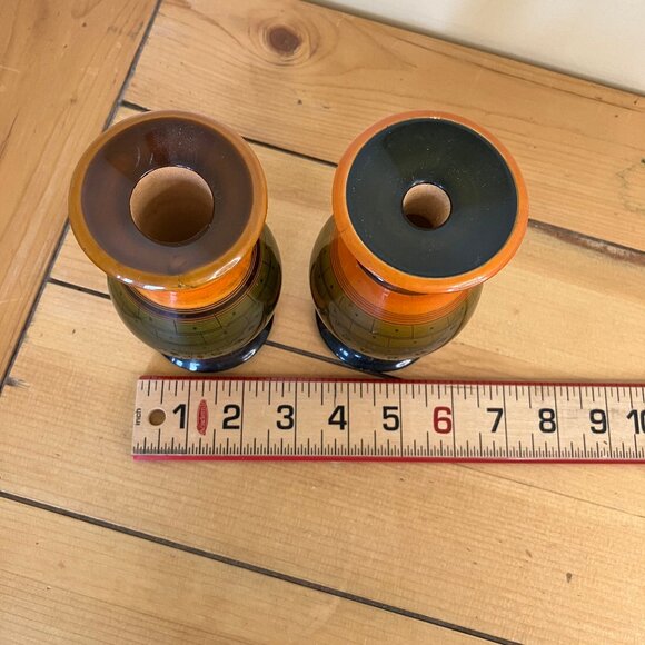 Turned Wood Lacquer Decorative Vase Set of 2 Orange & Green Hand Painted Design - Picture 2 of 6
